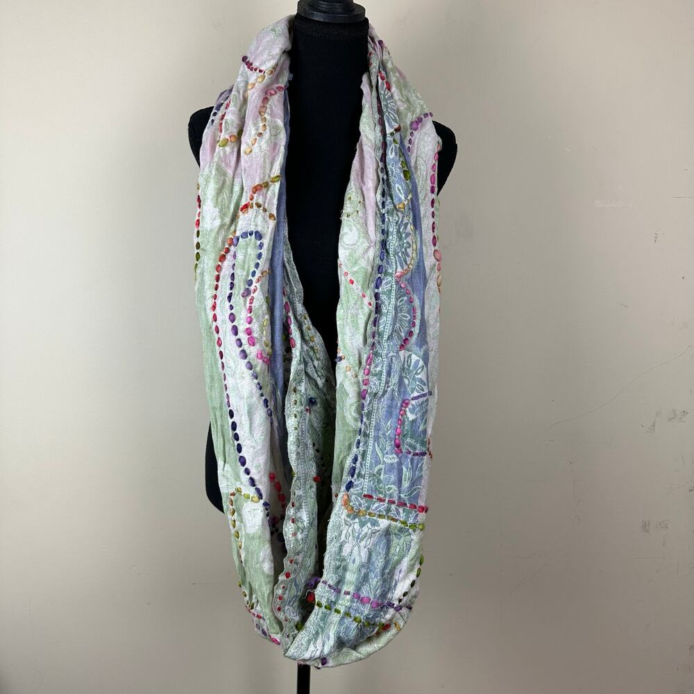 Raj Infinity Scarf Boho Embroidered Pastel Rayon Loop Circle Scarf Artsy Indie